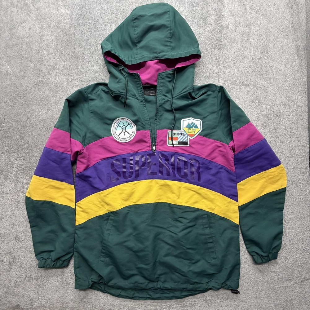 8IGHTH/DSTRKT Jacket Mens Large Green Hooded Colorblock 1/4‎ Zip Windbreaker